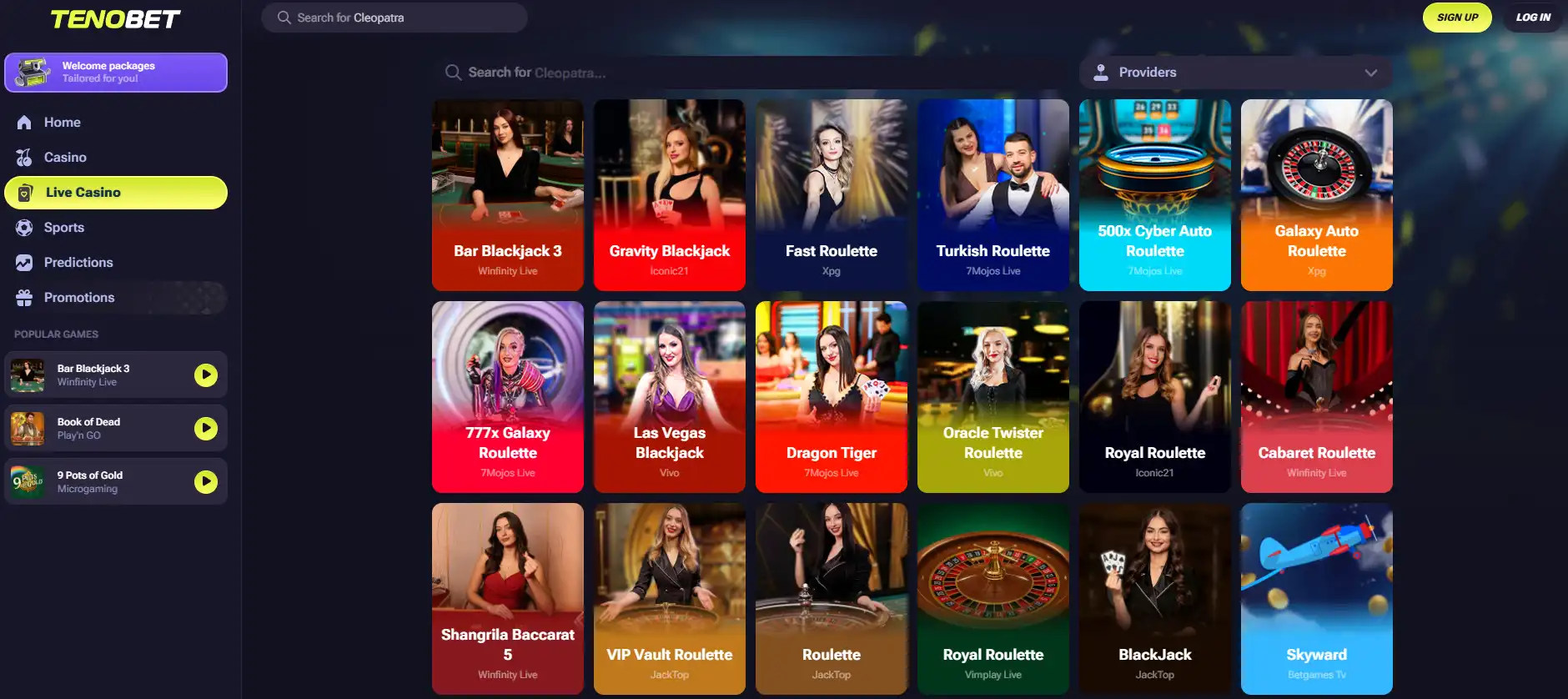 Current TenoBet live casino lobby with live game categories and table tiles