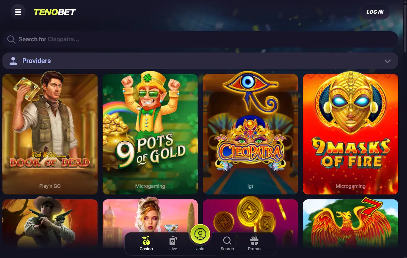 Current TenoBet casino lobby showing game categories and provider navigation