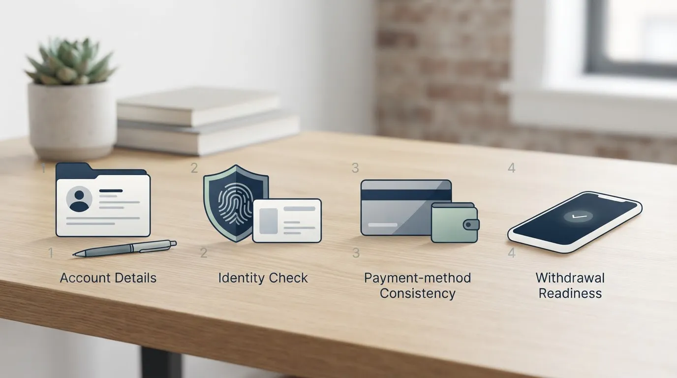 Generic identity verification checklist for account details, KYC and withdrawal readiness