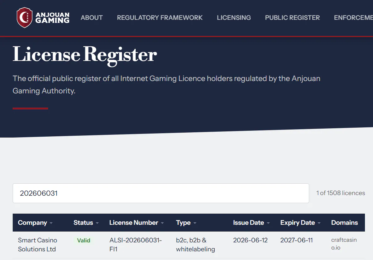 Official Anjouan Gaming Authority register entry showing tenobet.io under a valid licence