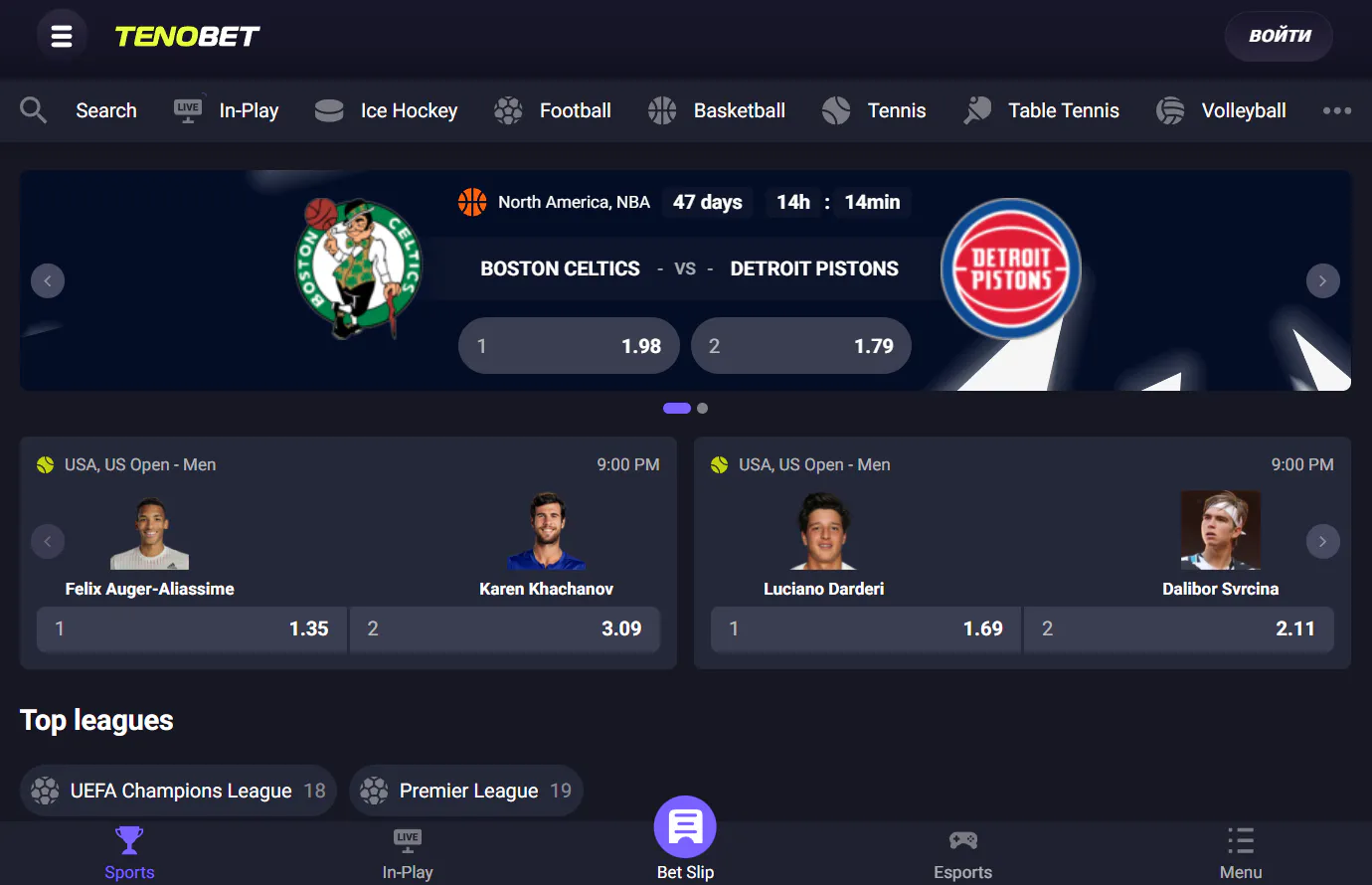 Current TenoBet sportsbook interface showing sports navigation and in-play betting